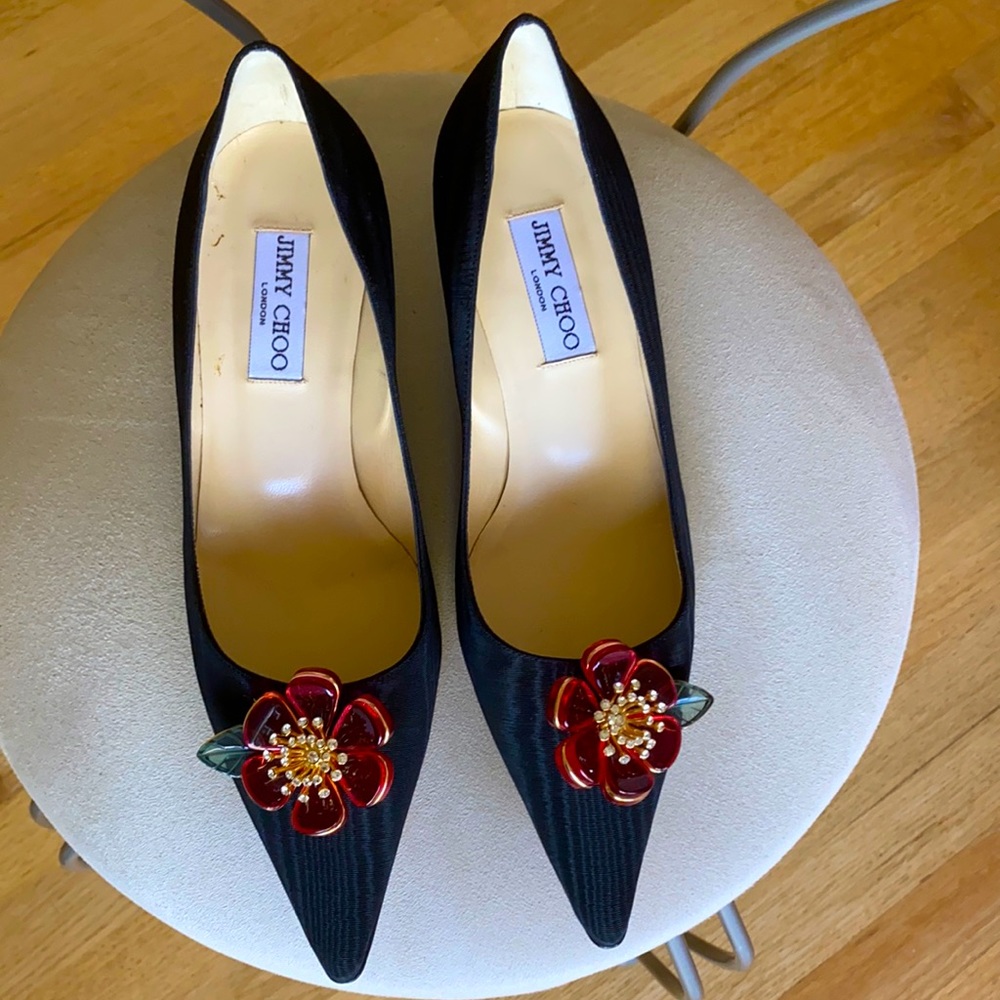 Jimmy Choo kitten heel shoes with 3D acrylic flowers with Swarovski crystals